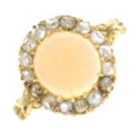 A late Victorian 18ct gold opal cabochon and rose-cut diamond cluster ring.Three cubic zirconia