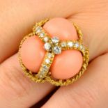 A 1970s coral and diamond dress ring,