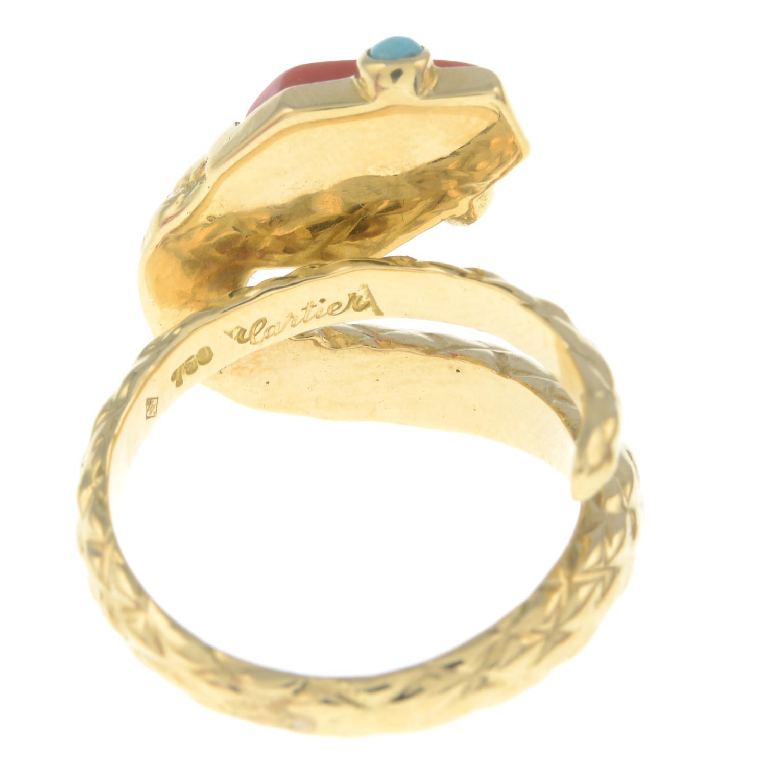 A mid 20th century coral and turquoise snake ring, by Cartier.Stamped 750. - Image 5 of 6