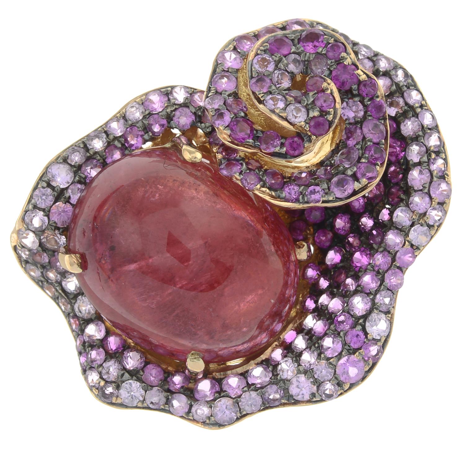 An 18ct gold pink tourmaline and vari-hue sapphire floral dress ring. - Image 2 of 6