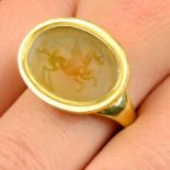 An 18th century 18ct gold ring, with earlier agate intaglio depicting Pegasus.Ring size Q.