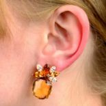 A pair of 18ct gold citrine and vari-cut diamond earrings.