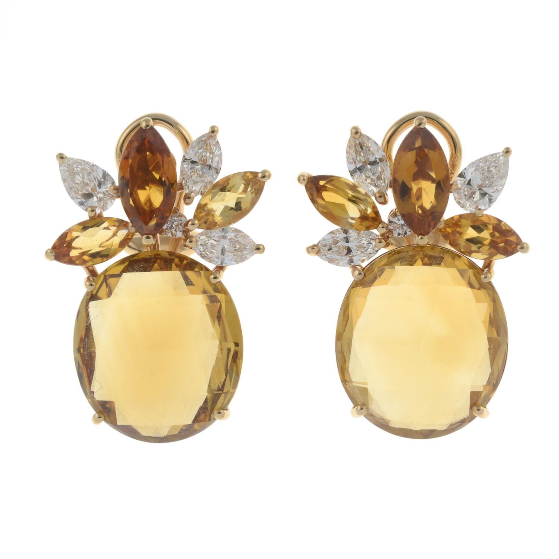 A pair of 18ct gold citrine and vari-cut diamond earrings. - Bild 2 aus 3