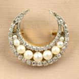 A pearl and diamond crescent brooch.
