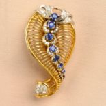 A mid 20th century platinum and 18ct gold sapphire and diamond stylised foliate brooch.