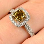 An 18ct gold Fancy Deep Brownish Greenish Yellow diamond and diamond cluster ring.