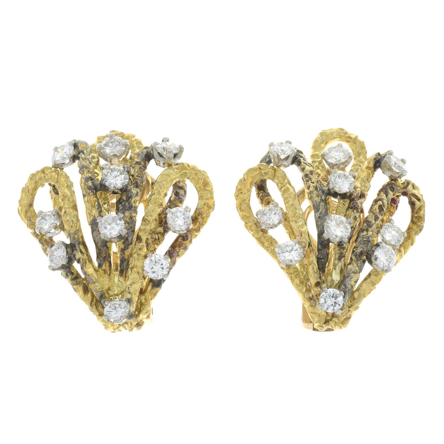 A pair of 1970s 18ct gold brilliant-cut diamond textured earrings, - Image 2 of 3