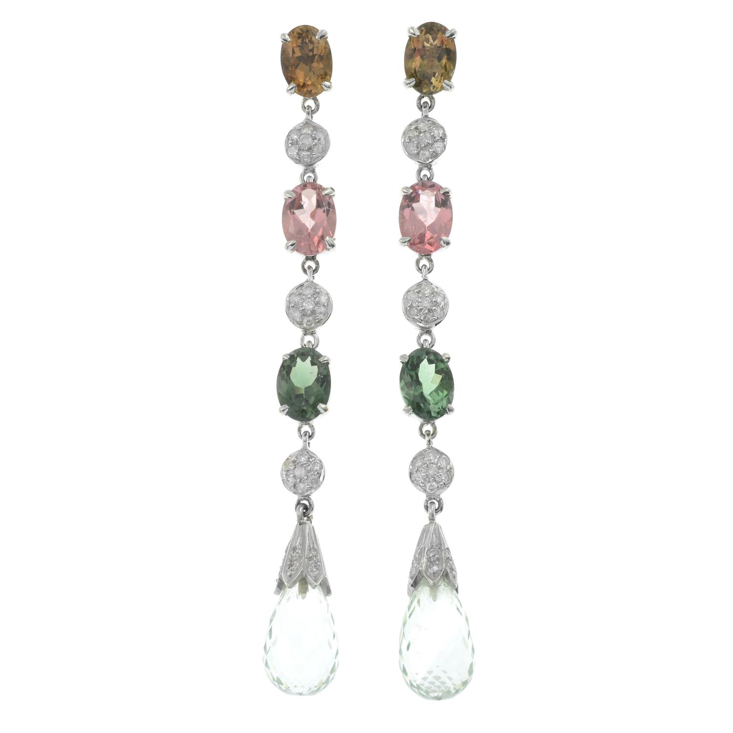 A pair of vari-hue tourmaline, aquamarine and diamond drop earrings. - Image 2 of 3