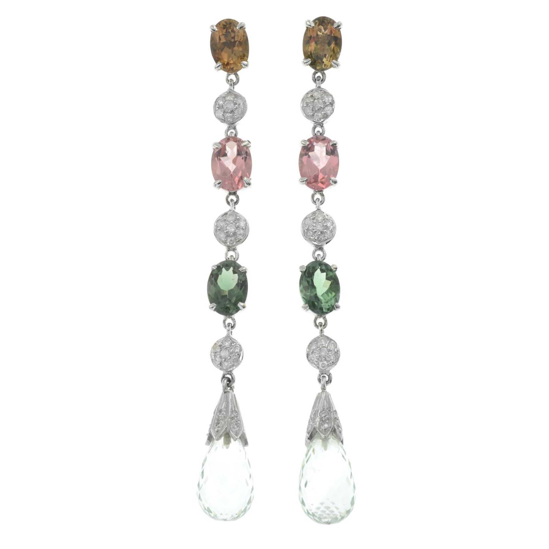 A pair of vari-hue tourmaline, aquamarine and diamond drop earrings. - Bild 2 aus 3