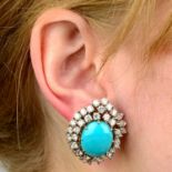 A pair of mid 20th century turquoise and vari-cut diamond cluster earrings.