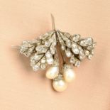 An early 20th century pearl acorn and diamond oak leaf double clip brooch.