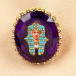 A late 19th century gold amethyst and diamond brooch, with enamel Egyptian pharaoh inlay.