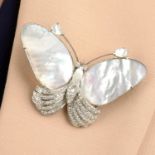 A mother-of-pearl and diamond butterfly brooch.