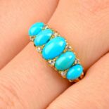 An early 20th century 18ct gold turquoise five-stone ring, with old-cut diamond accents.