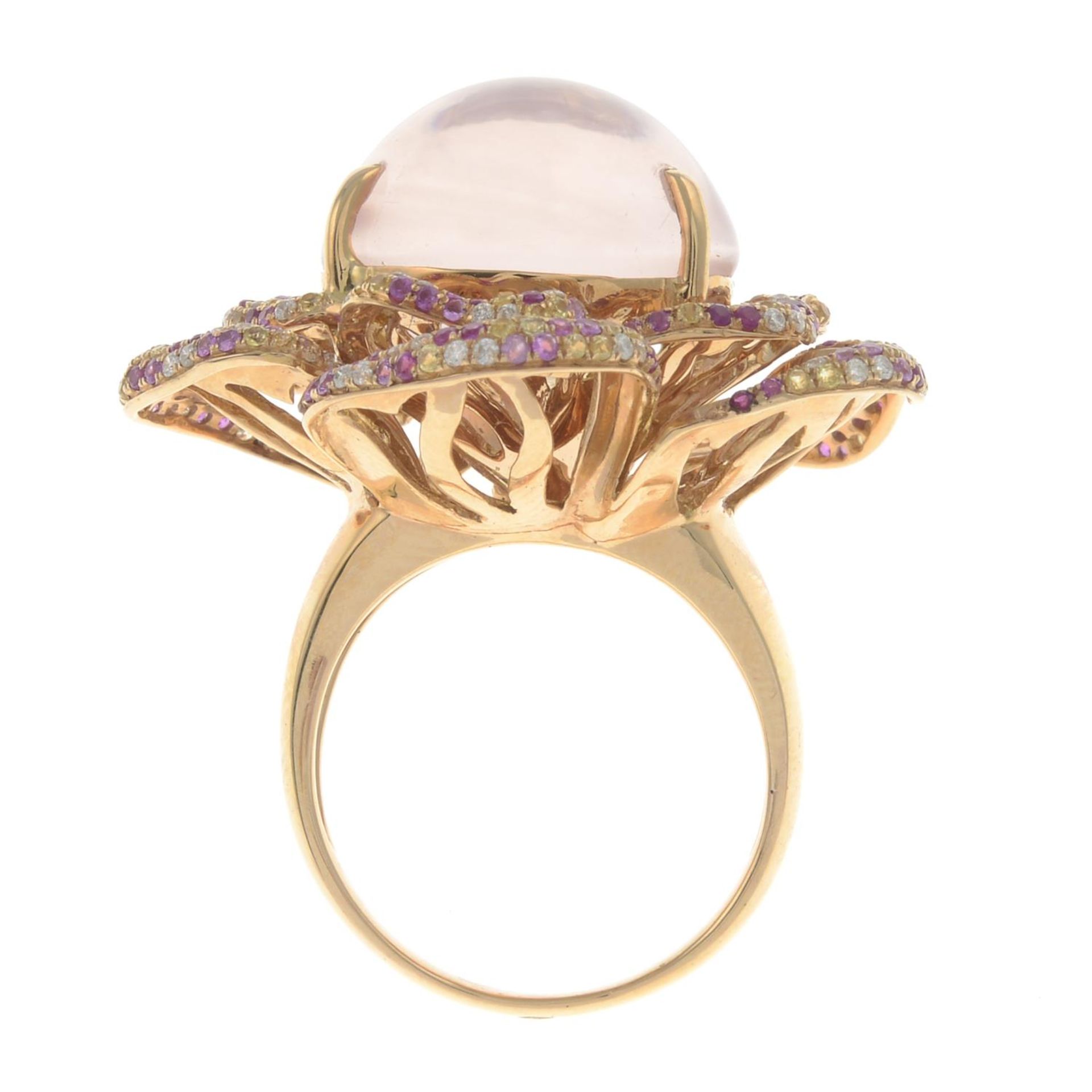 An 18ct gold rose quartz, pink and yellow sapphire and diamond floral dress ring. - Image 3 of 6