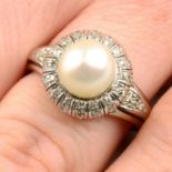 A mid 20th century pearl and diamond cluster ring.