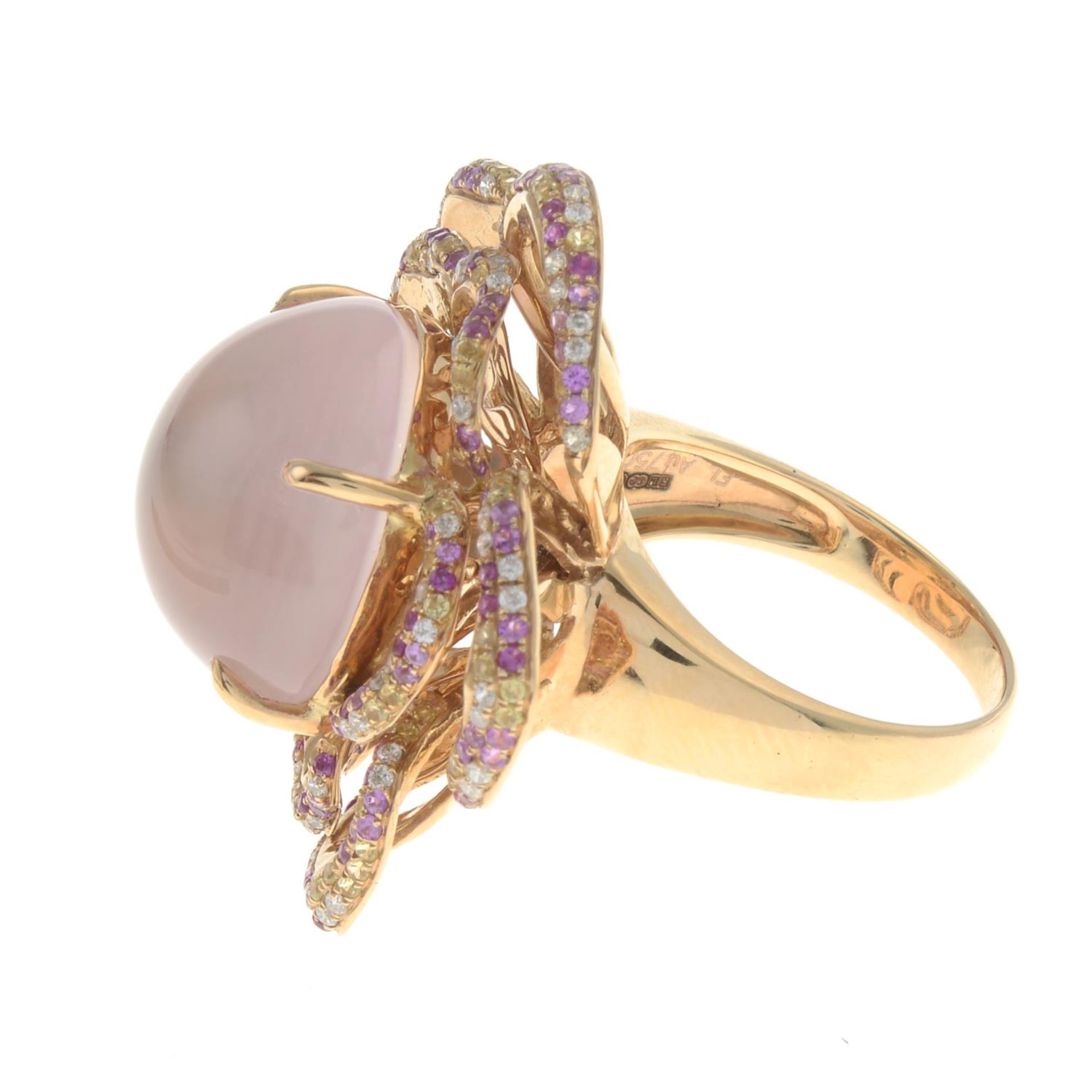 An 18ct gold rose quartz, pink and yellow sapphire and diamond floral dress ring. - Image 6 of 6