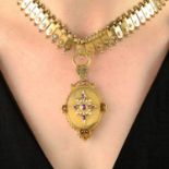 A late Victorian gold ruby and split pearl memorial pendant, with 15ct gold panel fringe necklace.