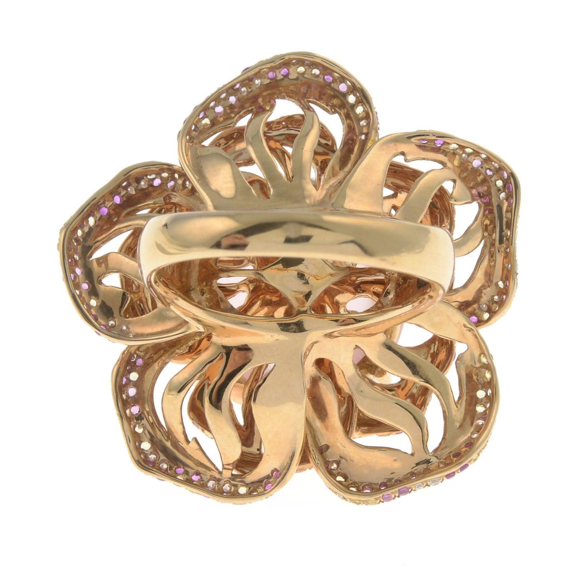An 18ct gold rose quartz, pink and yellow sapphire and diamond floral dress ring. - Image 5 of 6