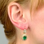 A pair of late Victorian gold emerald and old-cut diamond cluster drop earrings.