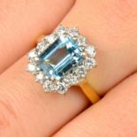 An aquamarine and brilliant-cut diamond cluster ring.Aquamarine calculated weight 2.22cts,