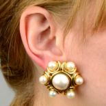 A pair of mabé pearl and cultured pearl earrings.Italian marks, stamped 18Kt.