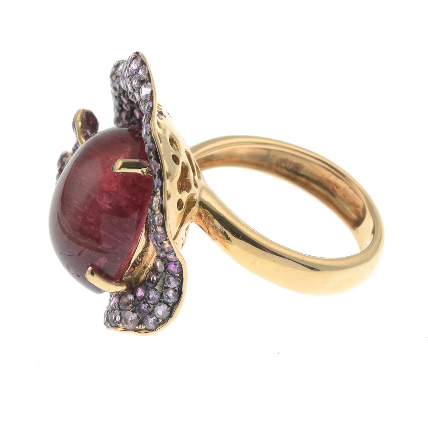 An 18ct gold pink tourmaline and vari-hue sapphire floral dress ring. - Image 5 of 6