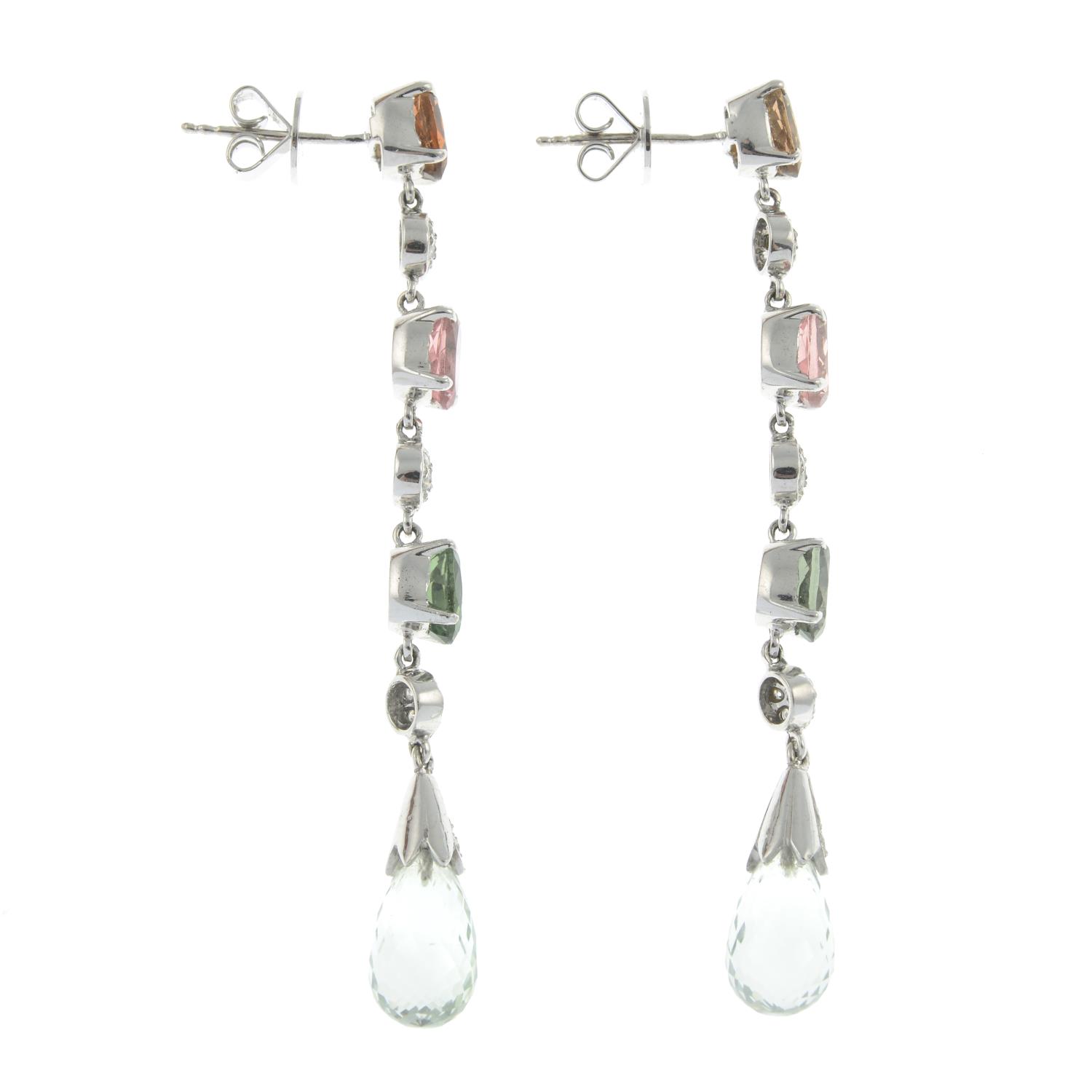 A pair of vari-hue tourmaline, aquamarine and diamond drop earrings. - Image 3 of 3