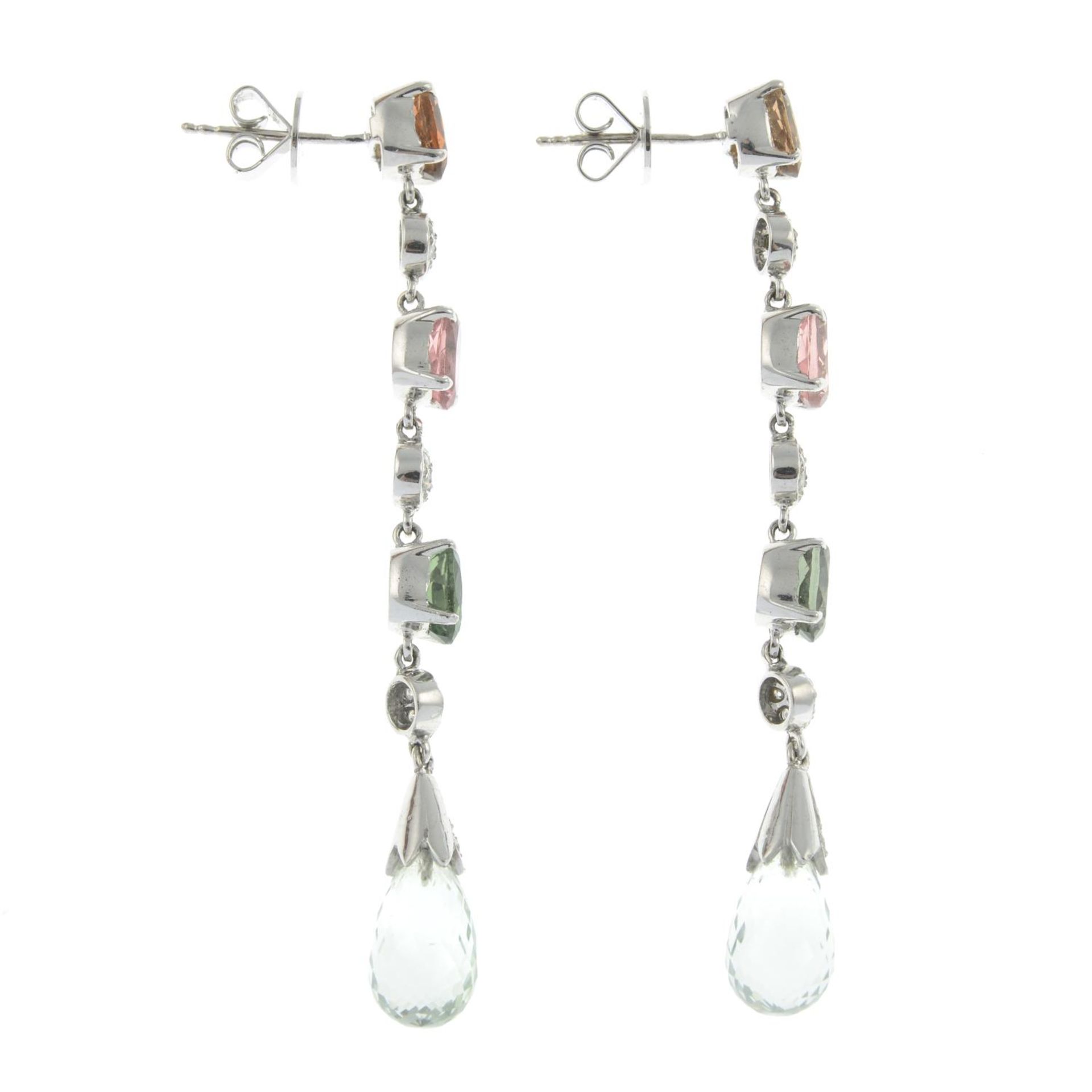 A pair of vari-hue tourmaline, aquamarine and diamond drop earrings. - Bild 3 aus 3