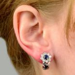 A pair of sapphire and brilliant-cut diamond floral cluster earrings.