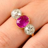 A Burmese pink sapphire and old-cut diamond three-stone ring.