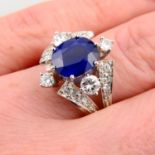 A sapphire and diamond dress ring.Sapphire calculated weight 3.97cts,