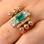 A 1940s 18ct gold and platinum, emerald and diamond dress ring.