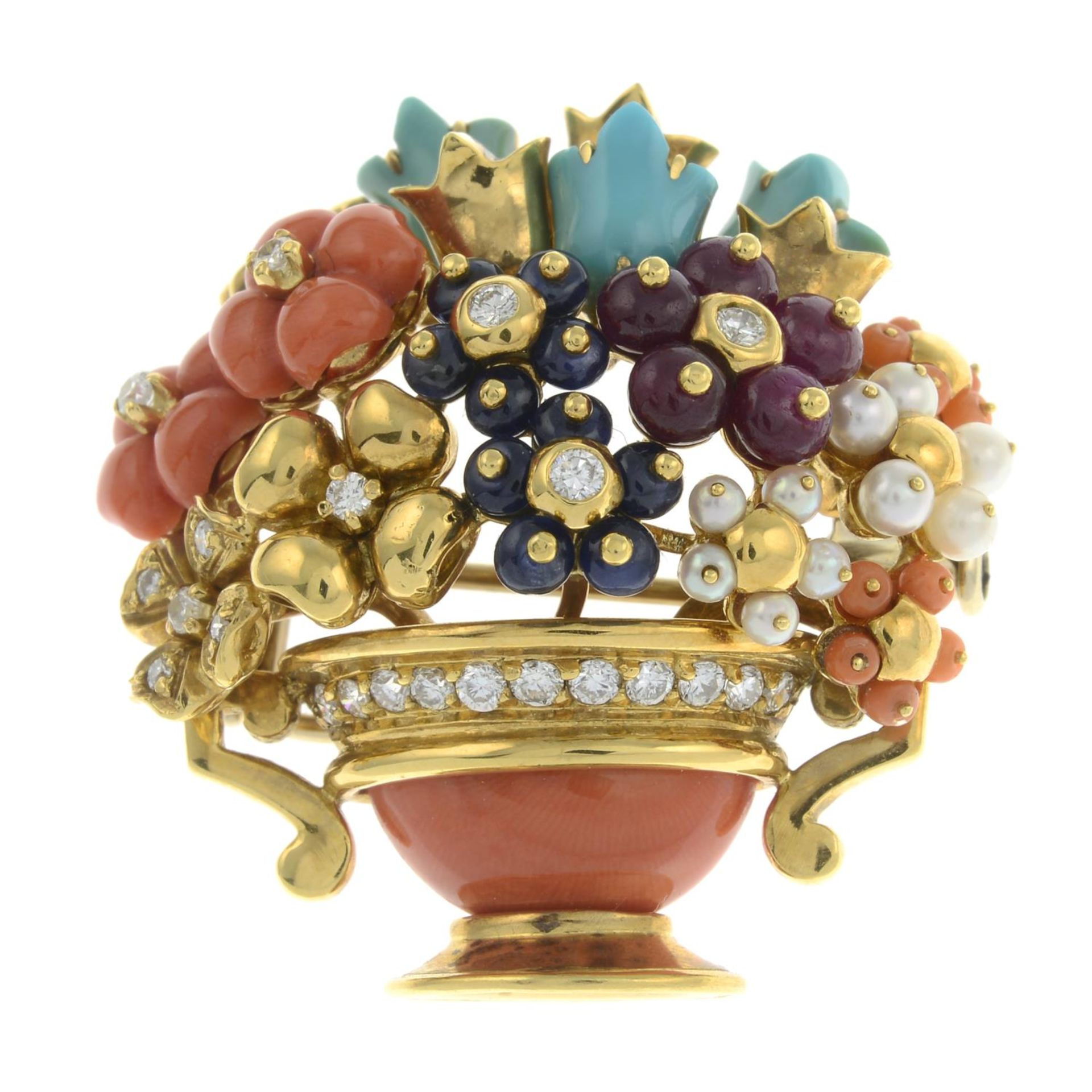 A coral, turquoise, diamond, ruby, sapphire and seed pearl floral bouquet brooch. - Bild 2 aus 4