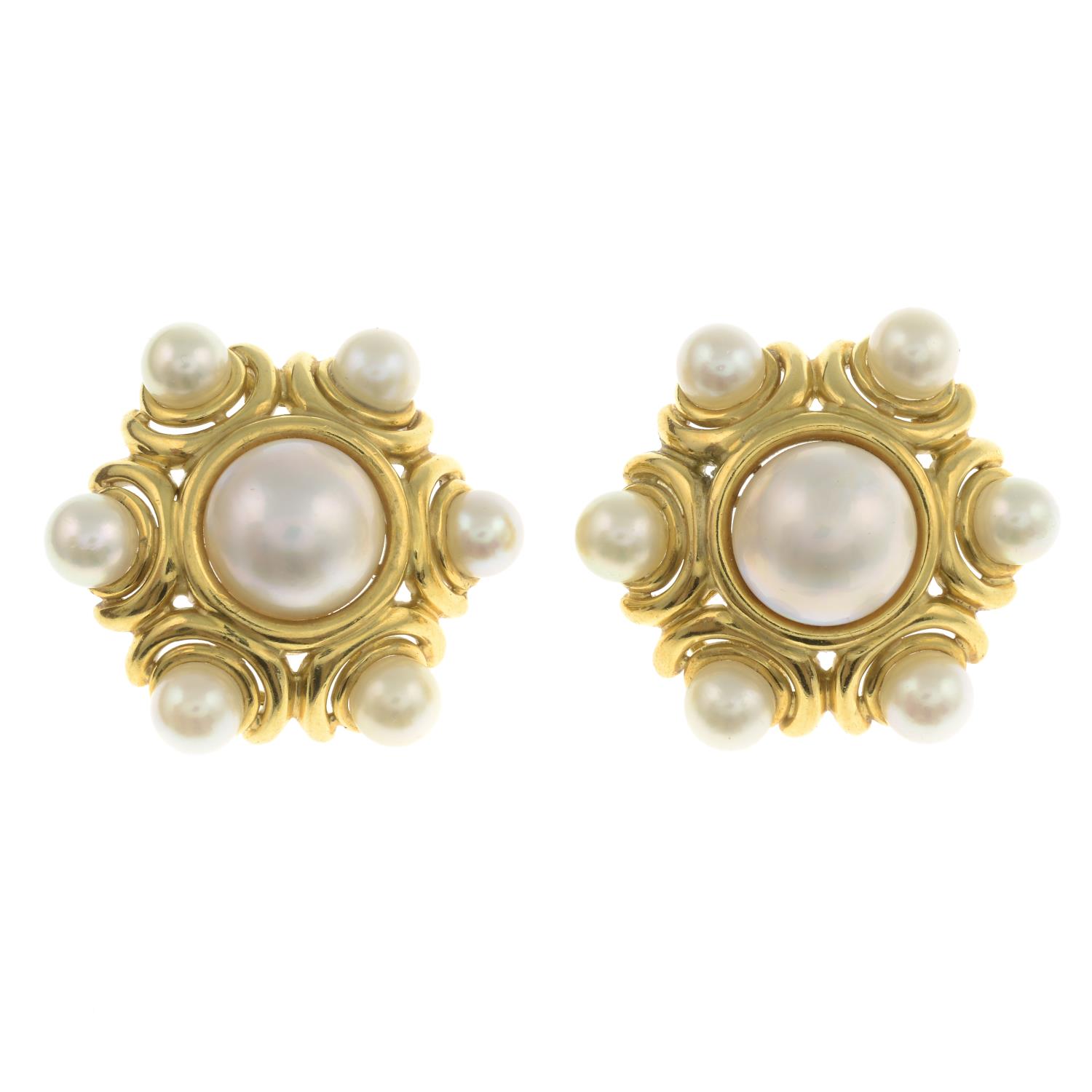 A pair of mabé pearl and cultured pearl earrings.Italian marks, stamped 18Kt. - Image 2 of 3