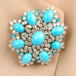 A mid 20th century turquoise and vari-cut diamond cluster brooch.