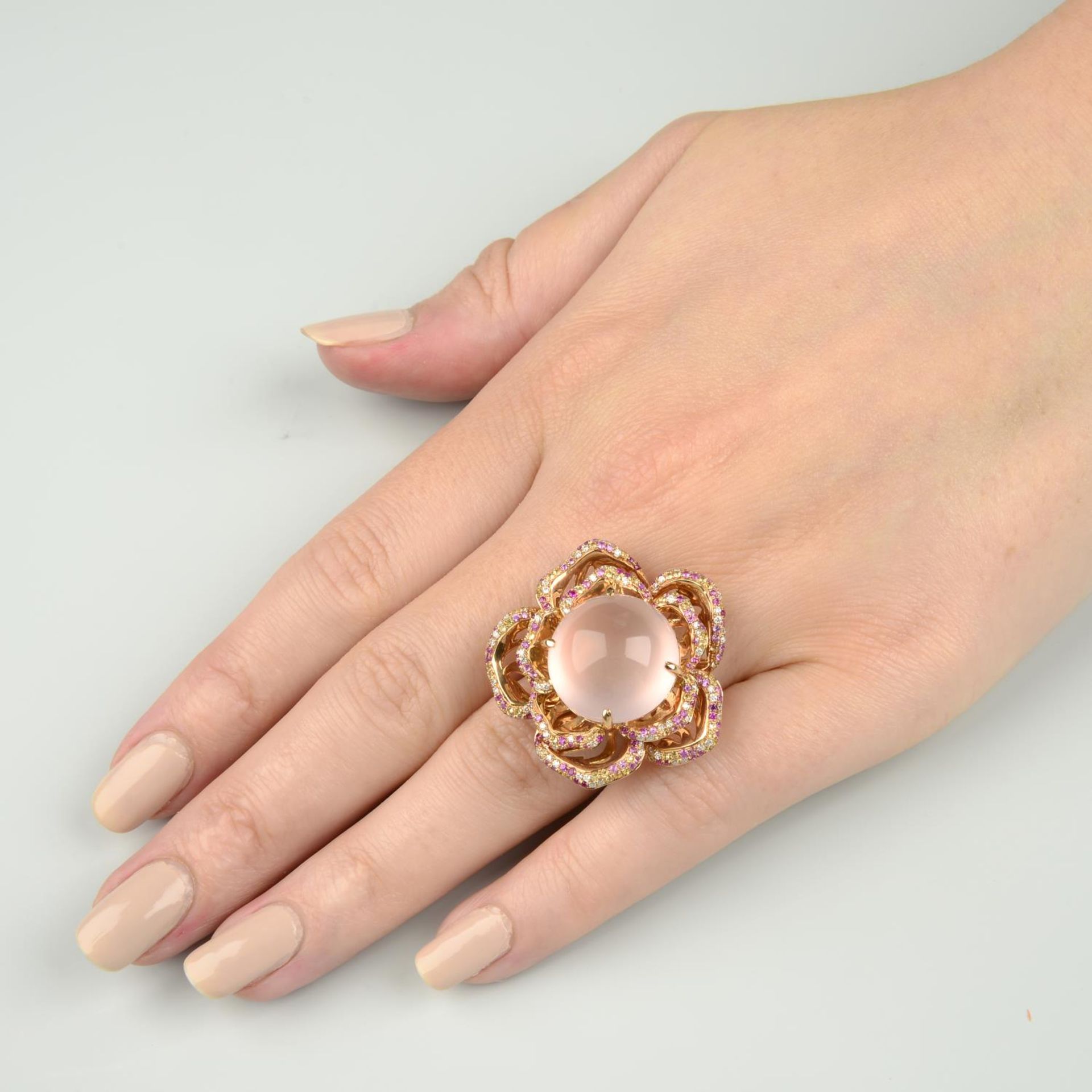 An 18ct gold rose quartz, pink and yellow sapphire and diamond floral dress ring. - Image 4 of 6