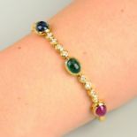 A ruby, sapphire and emerald cabochon bracelet, with diamond link spacers.