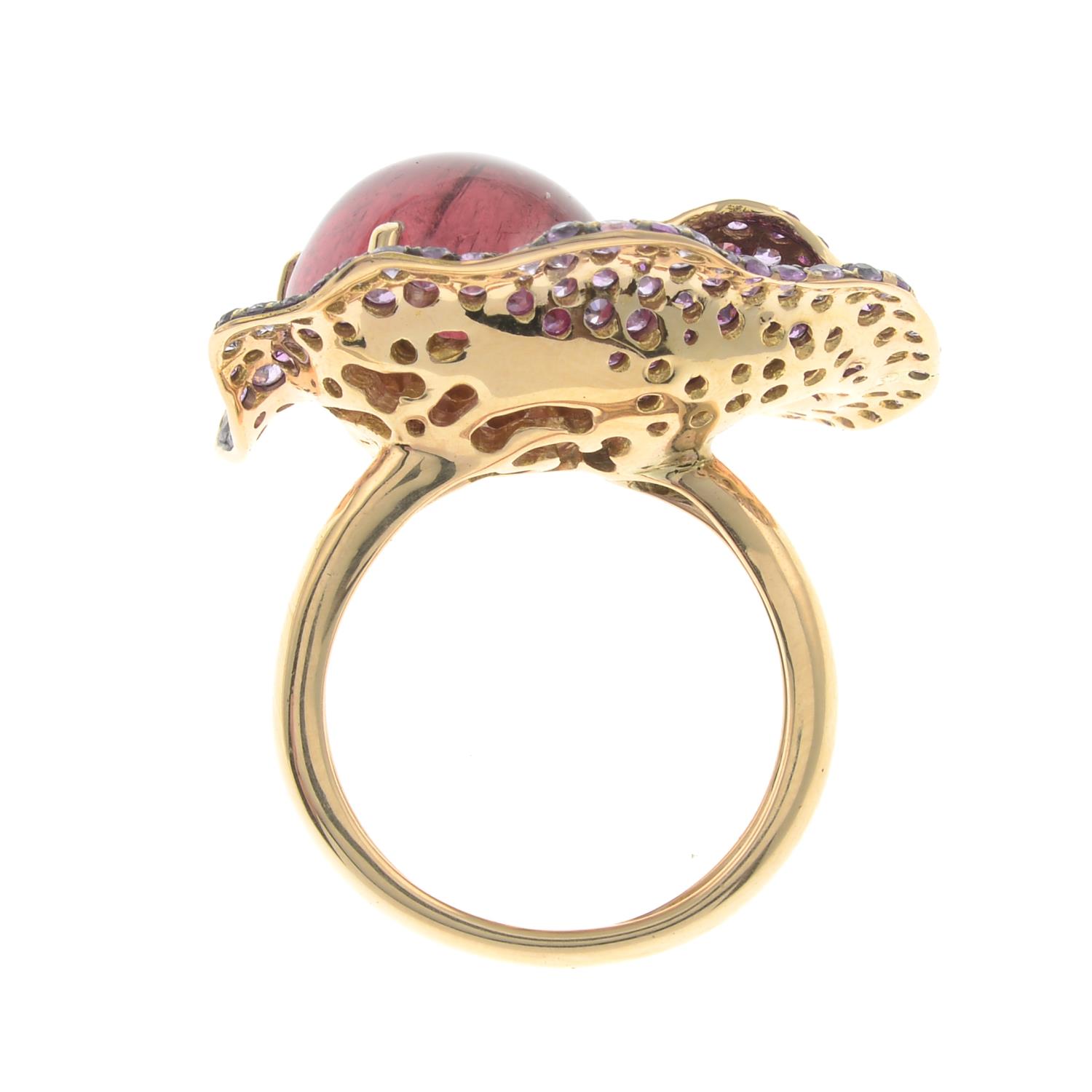 An 18ct gold pink tourmaline and vari-hue sapphire floral dress ring. - Image 6 of 6