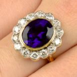 An 18ct gold amethyst and brilliant-cut diamond cluster ring.Amethyst calculated weight 3.78cts,