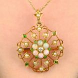 An early 20th century 15ct gold opal, demantoid garnet, split pearl and diamond pendant.