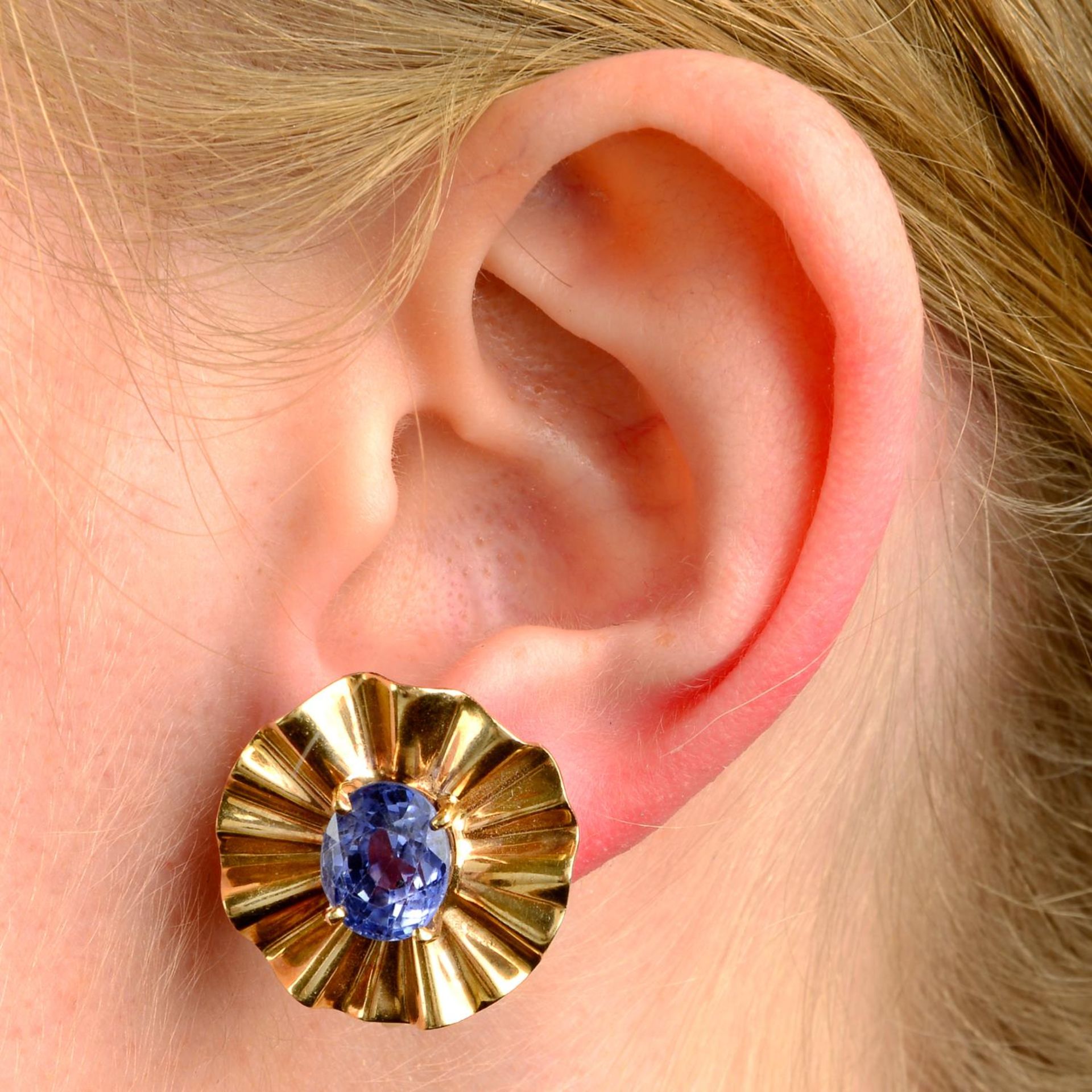 A pair of mid 20th century 14ct gold sapphire earrings.