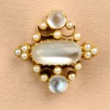 A late Victorian 15ct gold moonstone and split pearl brooch.Estimated dimensions of principal