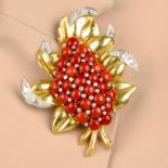 A coral, brilliant and rose-cut diamond floral brooch.