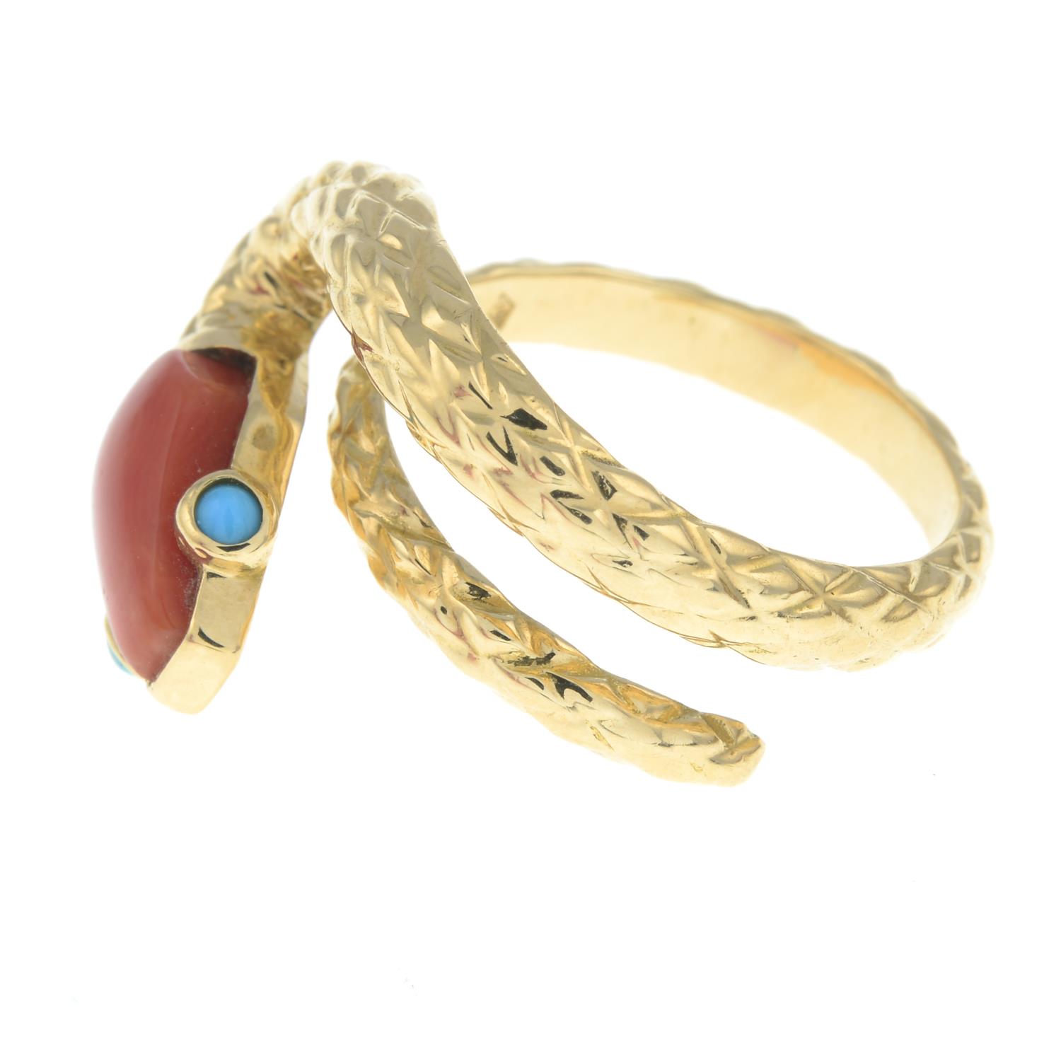 A mid 20th century coral and turquoise snake ring, by Cartier.Stamped 750. - Image 3 of 6