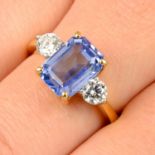 A Sri Lankan sapphire and brilliant-cut diamond three-stone ring.Verbal from The Gem & Pearl