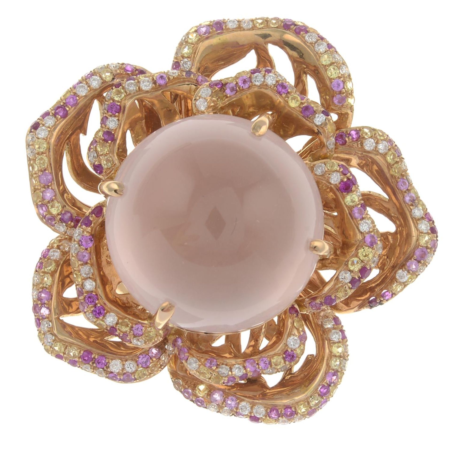 An 18ct gold rose quartz, pink and yellow sapphire and diamond floral dress ring. - Image 2 of 6