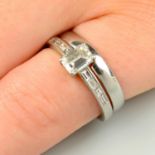 A platinum rectangular-shape diamond single-stone ring,