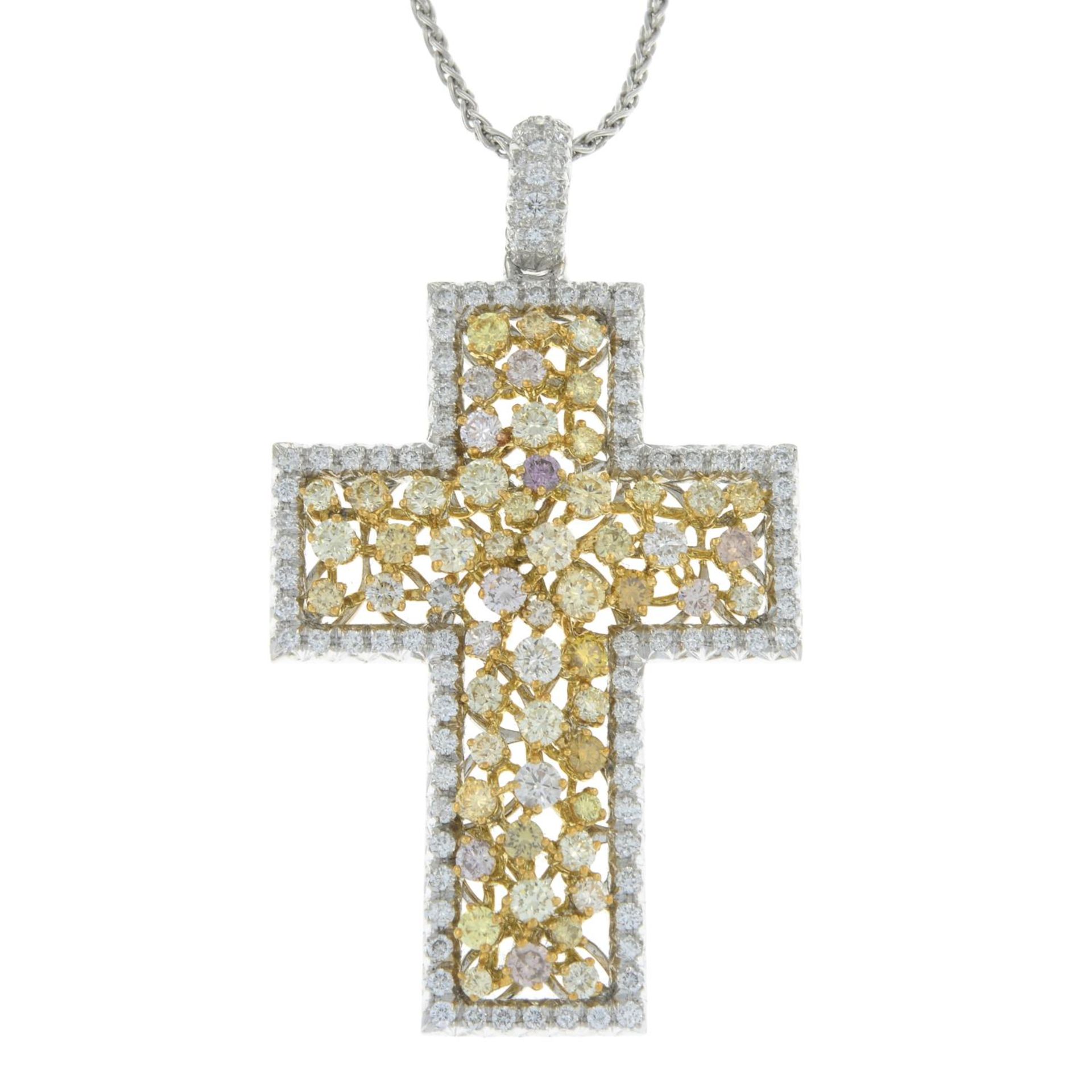 A diamond and coloured diamond cross pendant, with 18ct gold chain. - Bild 2 aus 5