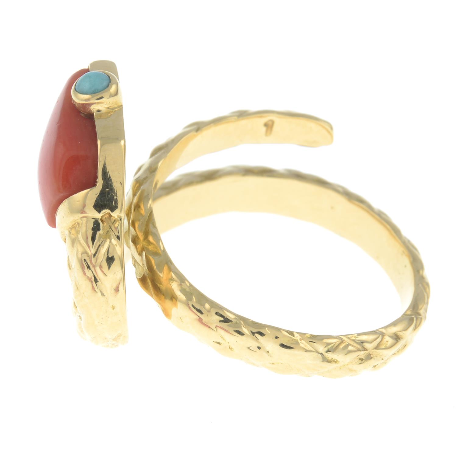 A mid 20th century coral and turquoise snake ring, by Cartier.Stamped 750. - Image 6 of 6